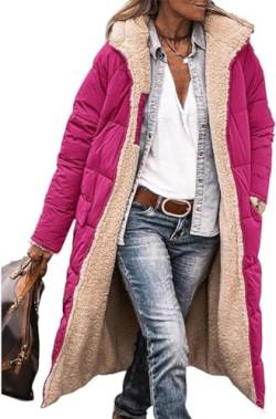 ASKSA Damen Lang Daunenmantel Warm Fleece Reversibel Winterjacke Kapuze Fleecejacke Daunenjacke Mantel (Rose Rot,S) von ASKSA