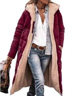 ASKSA Damen Lang Daunenmantel Warm Fleece Reversibel Winterjacke Kapuze Fleecejacke Daunenjacke Mantel (Rotwein,L) von ASKSA