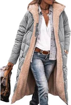 ASKSA Damen Lang Daunenmantel Warm Fleece Reversibel Winterjacke Kapuze Fleecejacke Daunenjacke Mantel (Silber,L) von ASKSA