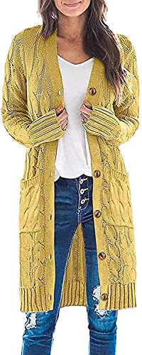 ASKSA Damen Langarm Strickjacke Lange Elegant Strick Mantel Open Front Zopfstrick Sweater Cardigan mit Knopfleiste und Taschen(Gelb,M) von ASKSA