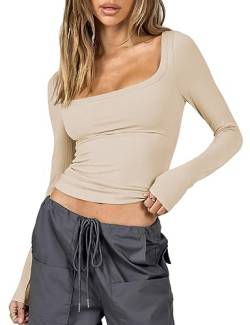 ASKSA Damen Langarmshirt Y2K Slim Fit Oberteile Einfarbig Crop Top Langarm T-Shirt Bluse Teenager Streetwear (Aprikose,S) von ASKSA
