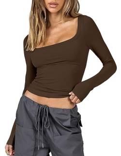 ASKSA Damen Langarmshirt Y2K Slim Fit Oberteile Einfarbig Crop Top Langarm T-Shirt Bluse Teenager Streetwear (Braun,M) von ASKSA