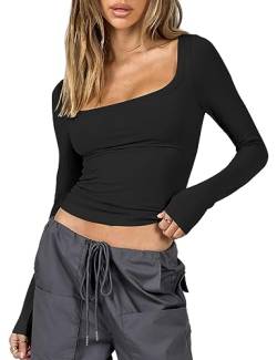 ASKSA Damen Langarmshirt Y2K Slim Fit Oberteile Einfarbig Crop Top Langarm T-Shirt Bluse Teenager Streetwear (Schwarz,M) von ASKSA