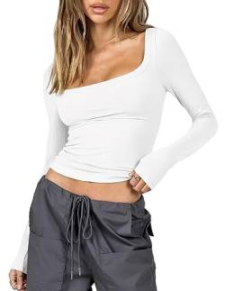 ASKSA Damen Langarmshirt Y2K Slim Fit Oberteile Einfarbig Crop Top Langarm T-Shirt Bluse Teenager Streetwear (Weiß,L) von ASKSA