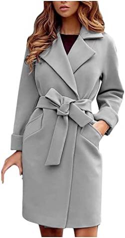 ASKSA Damen Mittellange Winter Mantel Elegant Trenchcoat Jacken mit Gürtel Winterjacke Warmer Langarm Shacket Winterparka Boyfriend Dufflecoat(Grau,S) von ASKSA