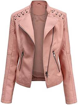 ASKSA Damen PU Lederjacke Kunstleder Jacke Reißverschluss Motorrad Outwear Casual Slim Bikerjacke Faux Leather Kurze Jacken(Rosa,L) von ASKSA