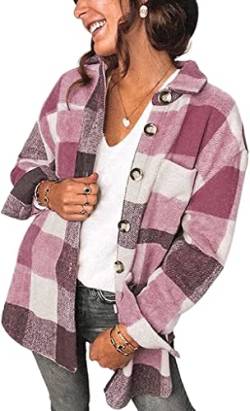 ASKSA Damen Plaid Shirts Knöpfe Hemd Karohemd Flanell Farbblock Oberteile Hemdbluse Langarmshirt Boyfriend Jacke Cardigan Mäntel(Rot,XL) von ASKSA