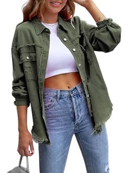 ASKSA Damen Ripped Jeansjacke Vintage Denim Jacken Lässige Jean Mantel Boyfriend Jeansjacken (Armeegrün,L) von ASKSA