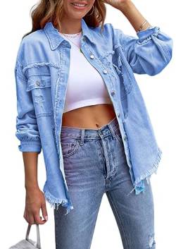 ASKSA Damen Ripped Jeansjacke Vintage Denim Jacken Lässige Jean Mantel Boyfriend Jeansjacken (Hellblau,M) von ASKSA