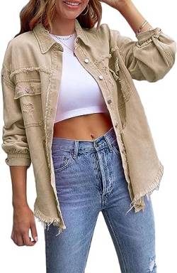 ASKSA Damen Ripped Jeansjacke Vintage Denim Jacken Lässige Jean Mantel Boyfriend Jeansjacken (Khaki,L) von ASKSA