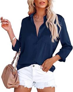 ASKSA Damen Satin Bluse Elegant V-Ausschnitt Hemden Knöpfen Langarm Hemd Business Casual Arbeit Oberteile Langarmshirt Tops mit Tasche(Dunkelblau,XL) von ASKSA