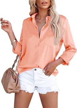 ASKSA Damen Satin Bluse Elegant V-Ausschnitt Hemden Knöpfen Langarm Hemd Business Casual Arbeit Oberteile Langarmshirt Tops mit Tasche(Orange,L) von ASKSA