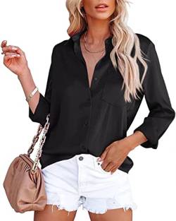 ASKSA Damen Satin Bluse Elegant V-Ausschnitt Hemden Knöpfen Langarm Hemd Business Casual Arbeit Oberteile Langarmshirt Tops mit Tasche(Schwarz,M) von ASKSA