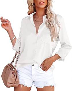 ASKSA Damen Satin Bluse Elegant V-Ausschnitt Hemden Knöpfen Langarm Hemd Business Casual Arbeit Oberteile Langarmshirt Tops mit Tasche(Weiß,XXL) von ASKSA