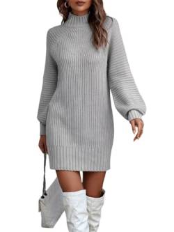 ASKSA Damen Strickkleid Rollkragen Pullikleid Elegant Pulloverkleid Freizeit Midikleid Tops (Grau,L) von ASKSA