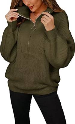 ASKSA Damen Strickpullover Einfarbig Pullover Revers Reißverschluss Langarm Strickpulli Oversize Casual Sweater Strickoberteile (Armeegrün,S) von ASKSA