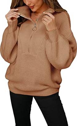 ASKSA Damen Strickpullover Einfarbig Pullover Revers Reißverschluss Langarm Strickpulli Oversize Casual Sweater Strickoberteile (Khaki,S) von ASKSA