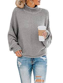 ASKSA Damen Strickpullover Pullover Turtleneck Stricken Pulli Knit Top Pulli Sweatshirt (Grau,L) von ASKSA