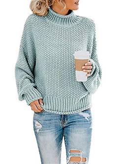 ASKSA Damen Strickpullover Pullover Turtleneck Stricken Pulli Knit Top Pulli Sweatshirt (Hellblau,L) von ASKSA