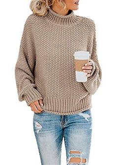 ASKSA Damen Strickpullover Pullover Turtleneck Stricken Pulli Knit Top Pulli Sweatshirt (Khaki,L) von ASKSA