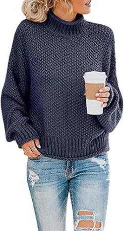 ASKSA Damen Strickpullover Pullover Turtleneck Stricken Pulli Knit Top Pulli Sweatshirt (Navy Blau,M) von ASKSA
