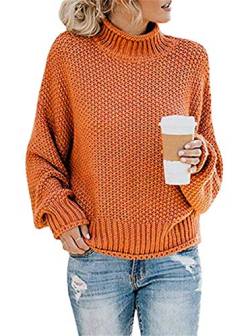 ASKSA Damen Strickpullover Pullover Turtleneck Stricken Pulli Knit Top Pulli Sweatshirt (Orange,L) von ASKSA