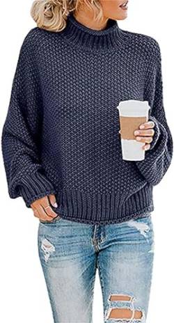 ASKSA Damen Strickpullover Pullover Turtleneck Stricken Pulli Sweatshirt Knit Tops (Navy Blau,L) von ASKSA