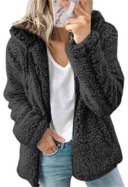 ASKSA Damen-Sweatshirt, lockere Passform, flauschige Sherpa-Fleece-Jacke, mit Reißverschluss, langärmelig Gr. 48, Schwarz von ASKSA