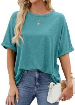 ASKSA Damen T-Shirt Sommer Kurzarm Oversized Rundhals Shirts Tops Locker Casual Basic Tee Elegant Bluse Oberteile (Pfauenblau,XXL) von ASKSA