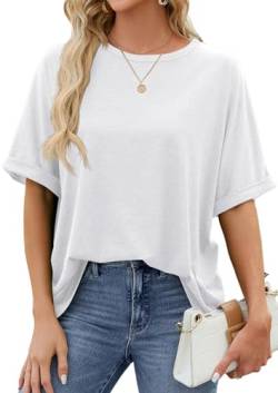 ASKSA Damen T-Shirt Sommer Kurzarm Oversized Rundhals Shirts Tops Locker Casual Basic Tee Elegant Bluse Oberteile (Weiß,XL) von ASKSA