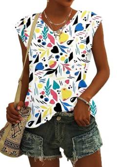 ASKSA Damen V-Ausschnitt Drucken Flügelärmeln T-Shirt Sommer Shirts ärmellose Top Basic Tee Oberteile (Buntes Herz,M) von ASKSA