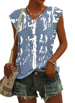 ASKSA Damen V-Ausschnitt Drucken Flügelärmeln T-Shirt Sommer Shirts ärmellose Top Basic Tee Oberteile (Graffiti-grau,S) von ASKSA