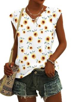 ASKSA Damen V-Ausschnitt Drucken Flügelärmeln T-Shirt Sommer Shirts ärmellose Top Basic Tee Oberteile (Sonnenblume,L) von ASKSA