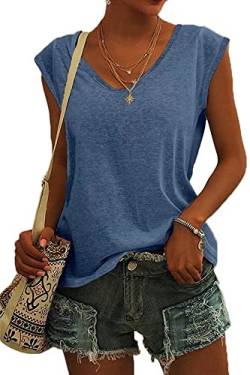 ASKSA Damen V-Ausschnitt Flügelärmeln T-Shirt Sommer Einfarbig Tank Top Oberteile Casual Lose Shirts Basic Hemd Tee Tops(Blau,M) von ASKSA