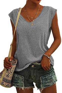 ASKSA Damen V-Ausschnitt Flügelärmeln T-Shirt Sommer Einfarbig Tank Top Oberteile Casual Lose Shirts Basic Hemd Tee Tops(Grau,XXL) von ASKSA