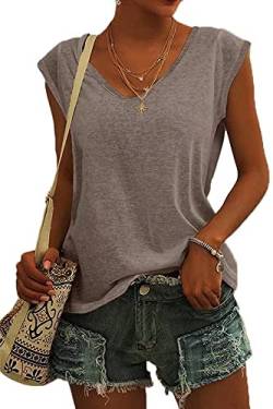 ASKSA Damen V-Ausschnitt Flügelärmeln T-Shirt Sommer Einfarbig Tank Top Oberteile Casual Lose Shirts Basic Hemd Tee Tops(Grau Braun,XXL) von ASKSA