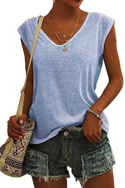 ASKSA Damen V-Ausschnitt Flügelärmeln T-Shirt Sommer Einfarbig Tank Top Oberteile Casual Lose Shirts Basic Hemd Tee Tops(Hellblau,L) von ASKSA