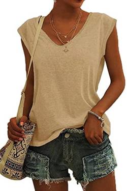 ASKSA Damen V-Ausschnitt Flügelärmeln T-Shirt Sommer Einfarbig Tank Top Oberteile Casual Lose Shirts Basic Hemd Tee Tops(Khaki,L) von ASKSA