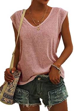 ASKSA Damen V-Ausschnitt Flügelärmeln T-Shirt Sommer Einfarbig Tank Top Oberteile Casual Lose Shirts Basic Hemd Tee Tops(Rosa,M) von ASKSA