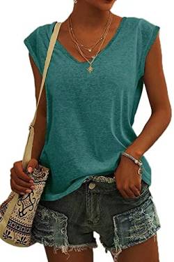 ASKSA Damen V-Ausschnitt Flügelärmeln T-Shirt Sommer Einfarbig Tank Top Oberteile Casual Lose Shirts Basic Hemd Tee Tops(See Blau,M) von ASKSA