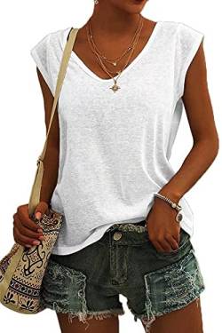 ASKSA Damen V-Ausschnitt Flügelärmeln T-Shirt Sommer Einfarbig Tank Top Oberteile Casual Lose Shirts Basic Hemd Tee Tops(Weiß,L) von ASKSA