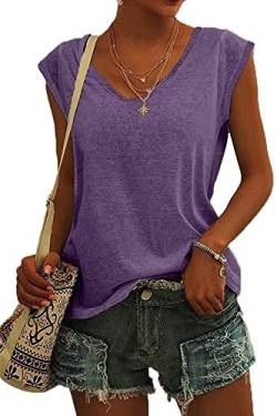 ASKSA Damen V-Ausschnitt Flügelärmeln T-Shirt Sommer Einfarbig Tank Top Oberteile Casual Lose Shirts Basic Hemd Tee Tops (Violett,L) von ASKSA