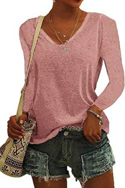 ASKSA Damen V-Ausschnitt T-Shirt Einfarbig Langarmshirts Oberteile Casual Lose Shirts Basic Hemd Tee Tops(Rosa,M) von ASKSA