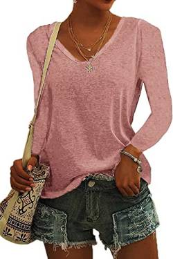 ASKSA Damen V-Ausschnitt T-Shirt Einfarbig Langarmshirts Oberteile Casual Lose Shirts Basic Hemd Tee Tops(Rosa,XL) von ASKSA