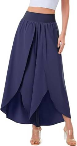 ASKSA Damen Weite Hosen Breite Bein Schlitz Rüschen Yogahose Lange Loose Sport Hosen Sommerhose (Dunkelblau,L) von ASKSA