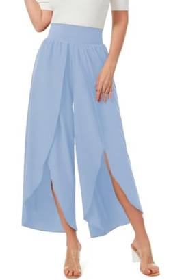 ASKSA Damen Weite Hosen Breite Bein Schlitz Rüschen Yogahose Lange Loose Sport Hosen Sommerhose (Hellblau,L) von ASKSA