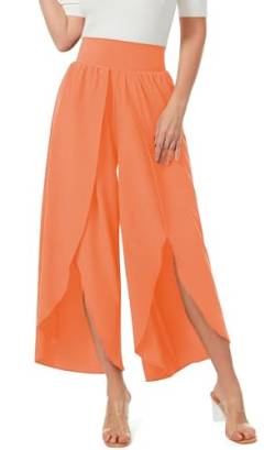 ASKSA Damen Weite Hosen Breite Bein Schlitz Rüschen Yogahose Lange Loose Sport Hosen Sommerhose (Orange,L) von ASKSA
