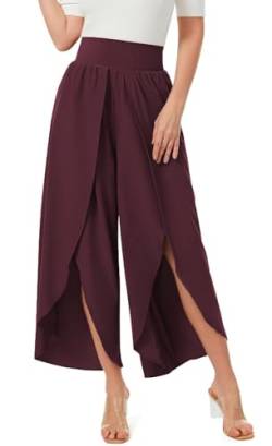 ASKSA Damen Weite Hosen Breite Bein Schlitz Rüschen Yogahose Lange Loose Sport Hosen Sommerhose (Rotwein,M) von ASKSA