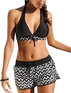 ASKSA Damen Zweiteiliger Bikini Set Push Up Pads Badeanzug Crossover Schwarz Oberteil Triangel Bademode (Schwarz, 3XL) von ASKSA