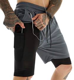 ASKSA Shorts Herren 2 in 1 Trainingsshorts Kurze Hosen Schnelltrocknende Laufshorts Fitness Sporthose mit Taschen Kompressionsshorts (Dunkelgrau,XL) von ASKSA